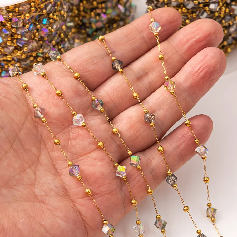 Authentic 1Meter Irregular Gold Color Crystal Beaded Chain For DIY Bracelets Necklaces Clothing Jewelry Making Supplies