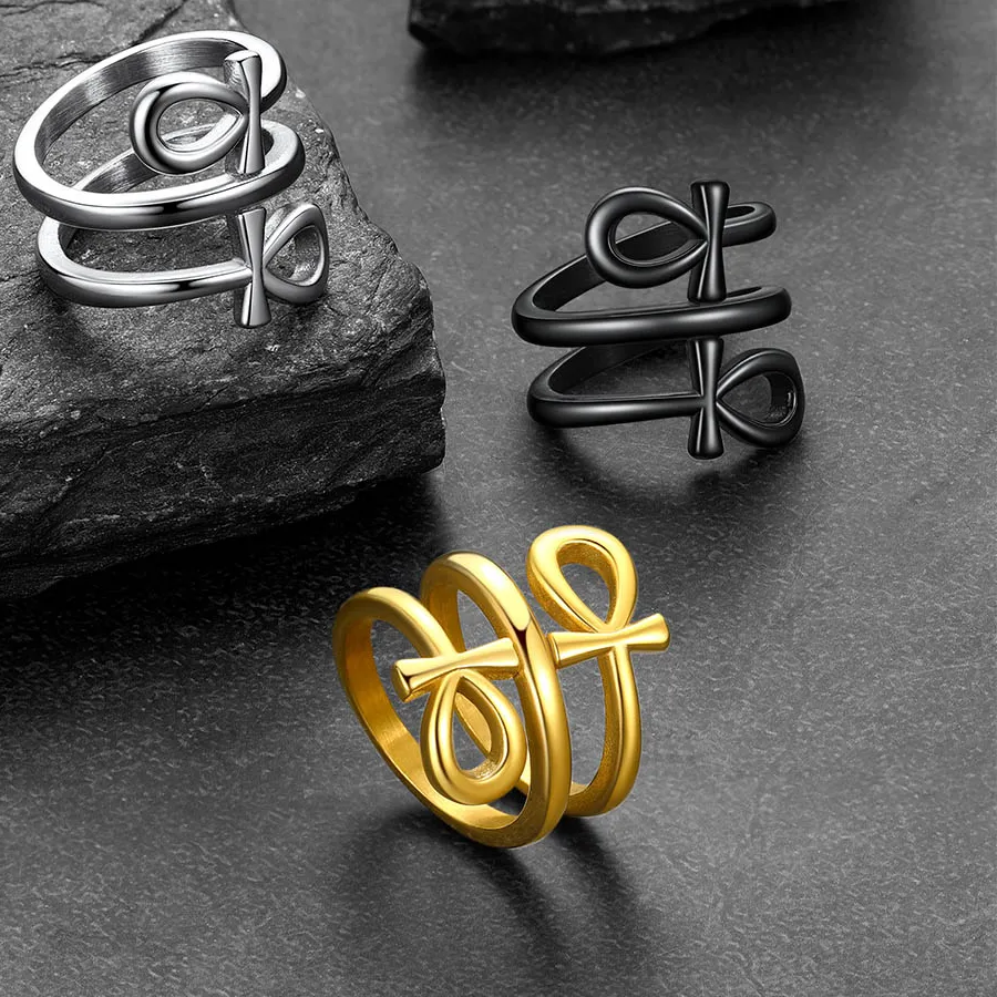 Authentic U7 Ankh Cross Rings Wrapped Layered Ankh Ancient Egyptian Egypt Crux Ansata Key of Life Eternal Symbol Jewelry