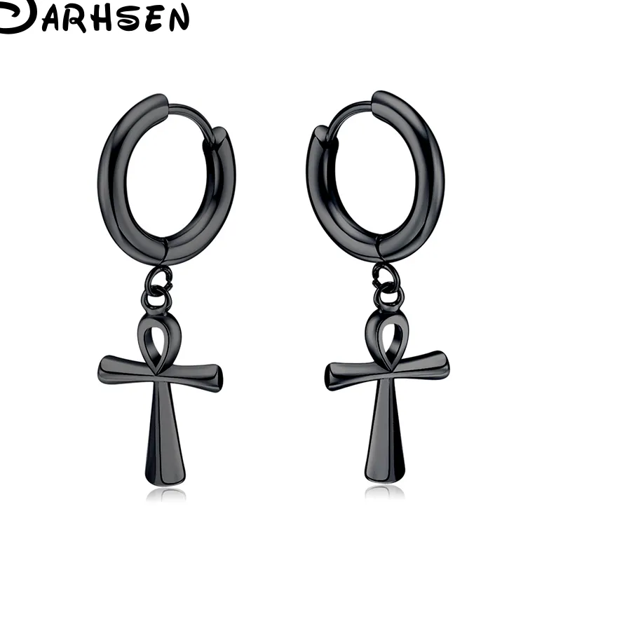 Authentic DARHSEN Women Men Ankh Crux Ansata Egyptian Cross Stud Earring Black Silver color Jewelry Gfit