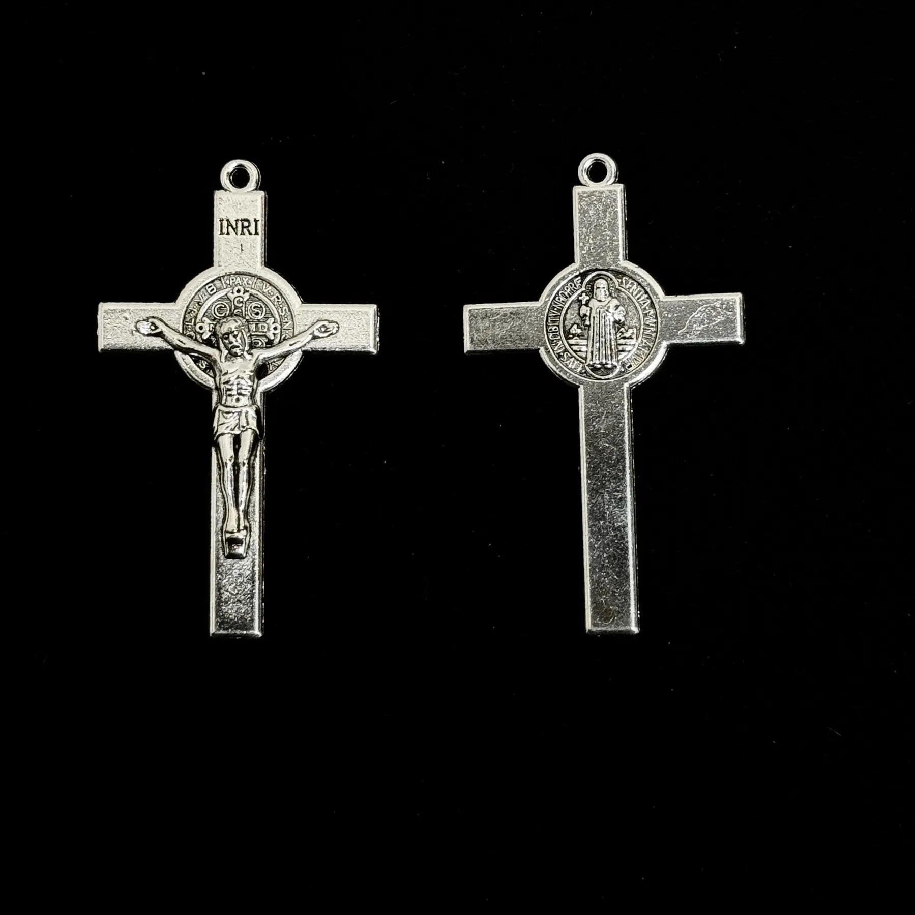 Authentic 5PCS Double Sided INRI St.Benedict Crucifix Charms 5Pcs Matte Silver Retro Catholic Rosary Necklace DIY Pendants