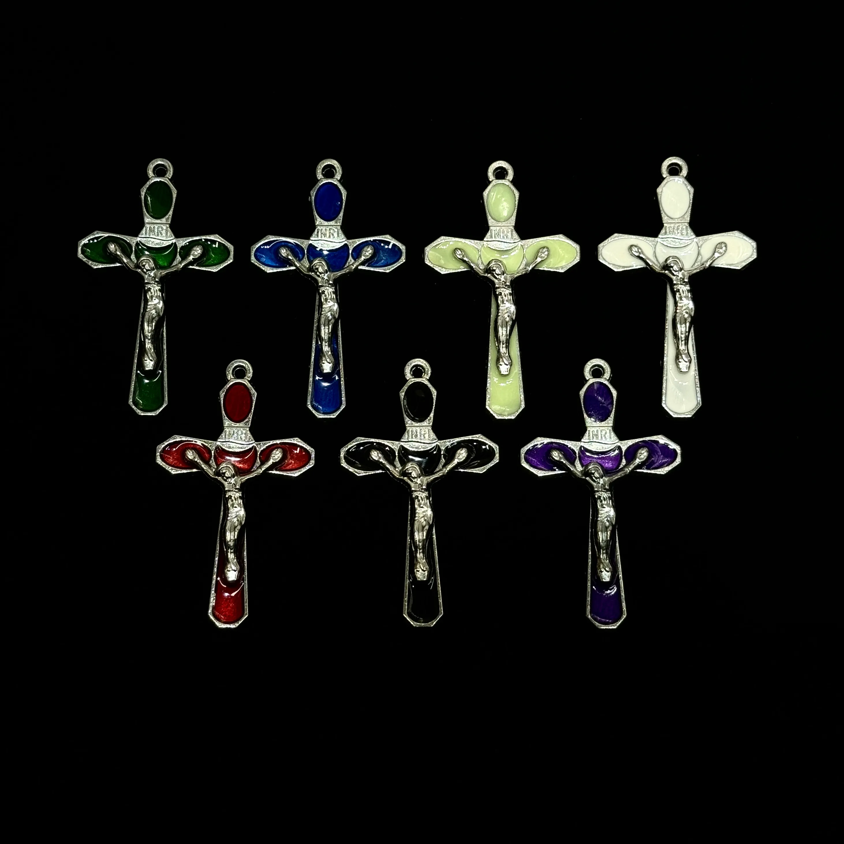 Authentic 5PCS Segmented Multi-Color Enamel Crucifix Charms 5Pcs Silver Tone Separated Panel INRI Cross DIY Rosary Keychain Pendants