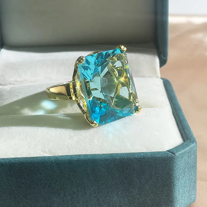 Authentic Cellacity Silver Jewelry Rings For Charm Lady With Big Square Blue Topal Gemstones Women Party Size 6-10