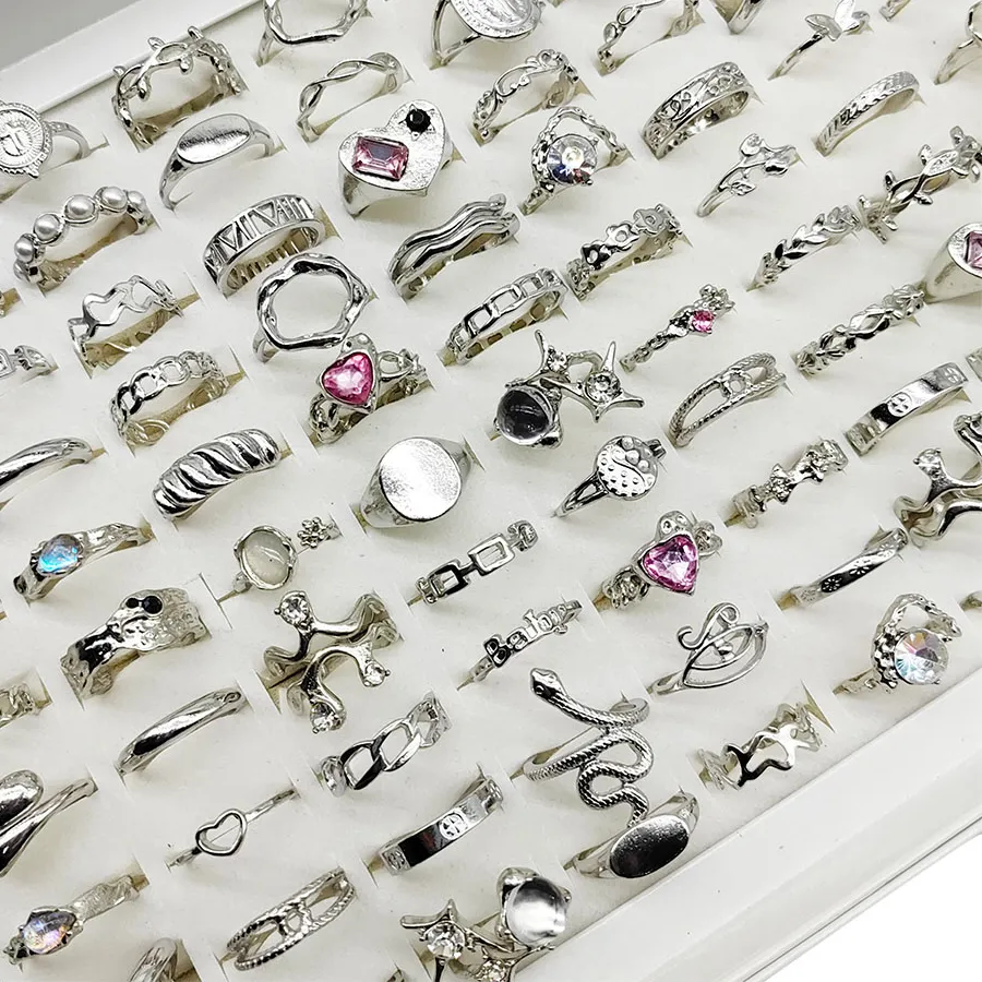 Authentic 50pcs/Lot Mix Style Geometry Glossy Simple Design Finger Rings for Women Clear Pink Crystal Heart Cross Pearl Jewelry Snake