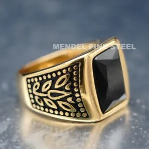 Authentic MENDEL Mens Gold Plated Black Obsidian Stone Ring Men Size 7-15