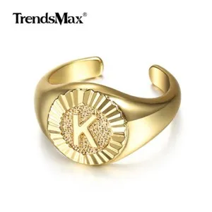 Authentic Men Women 14K Yellow Gold Plated Initia Letter A-Z Open Ring Adjustable Size