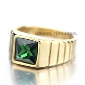Authentic MENDEL Mens Womens Gold Plated Green CZ Stone Ring Men Size 7-13
