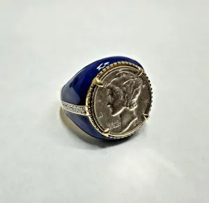 Authentic US Mercury Dime Coin Gold-Plated Sterling Silver Signet Ring Size 6, Mens Womens