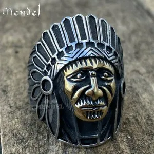Authentic MENDEL Mens Gold Plated Biker Indian Chief Head Ring Size 7-15