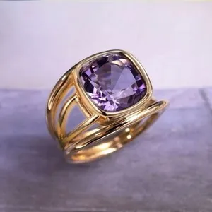 Authentic Women Gold Plated Purple CZ Sparkling Band Ring Hollow Size 6-10