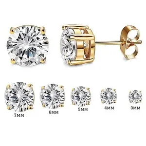 Authentic Elegant Round Cut 14K Gold Plated Sterling Silver CZ Studs - Choose Your Size