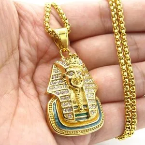 Authentic MENDEL Gold Plated Mens Egypt Egyptian CZ Hip Hop Pharaoh Pendant Necklace Chain