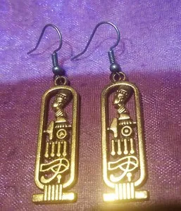 Authentic Nefertiti Horus Ma'at Egyptian Cartouche Gold plated Pierced Dangle Earrings