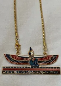 Authentic Egyptian Gold Plated Metal Winged Isis Red Black White Necklace Chain 2.5"
