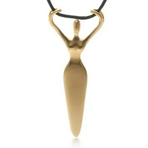 Authentic Egyptian Pre-Dynastic Figurine Pendant 1 3/4" T, Gold-Plated & 28" Waxed Cord