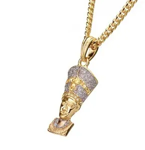 Authentic Mens 14k Gold Plated CZ Egyptian Queen Nefertiti Pendant 20" Cuban Chain MMP97GS