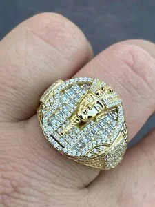 Authentic Men's 14k Gold Plated Solid 925 Sterling Silver Egyptian King Pharaoh CZ Ring