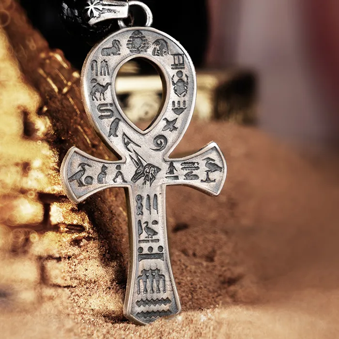 Authentic Egyptian Anka Cross Pendant 925 Sterling Silver necklace Obelisk Totem Trendy Men Retro Jewelry