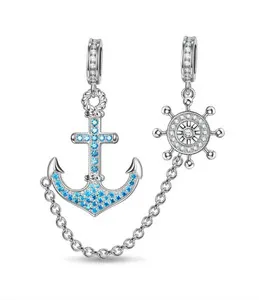 Authentic Sterling Silver Anchor And Helm Dangle Charms In White Gold Plated