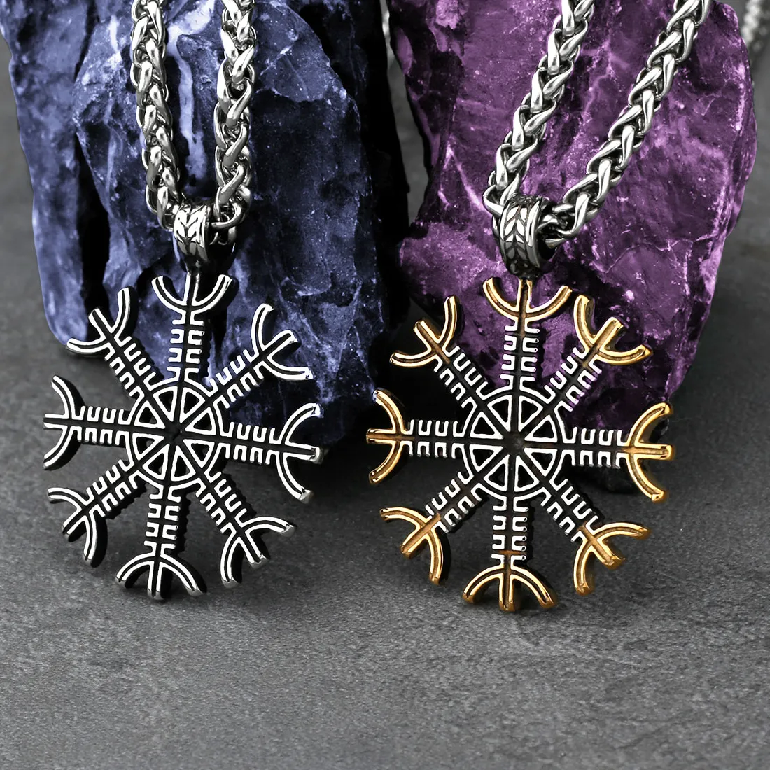 Authentic Nordic Viking Mixed Gold Color Helm of Awe Runic Necklace Men's Charm Pendant Biker Jewelry