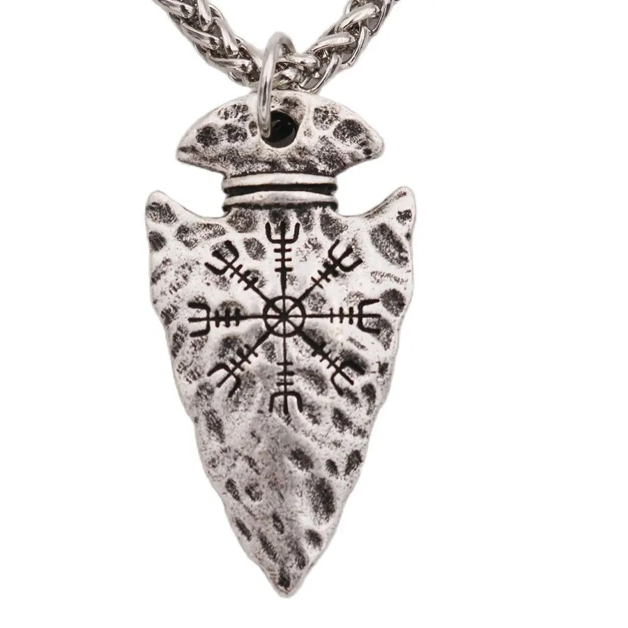 Authentic Viking Aegishjalmr Helm of Awe Norse Talisman Pendant Necklace Compass Nordic Runes Spear Shape Necklaces for Men Jewelry