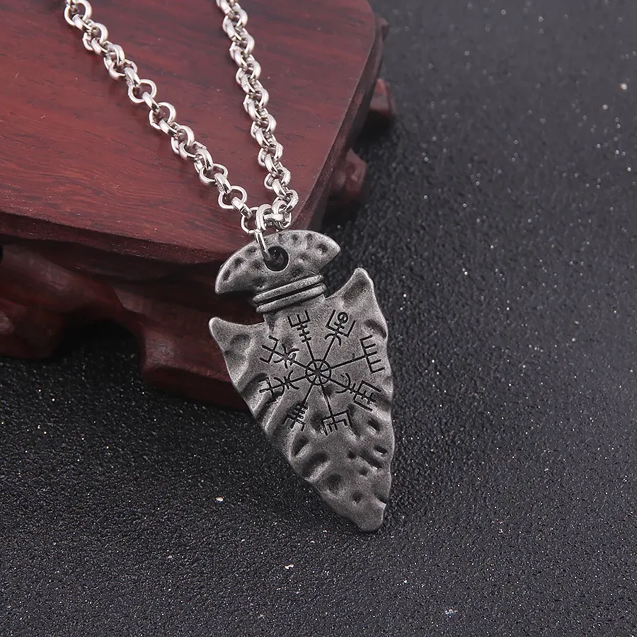 Authentic Viking Aegishjalmr Helm of Awe Norse Talisman Pendant Necklace Compass Nordic Runes Spear Shape Necklaces for Men Jewelry