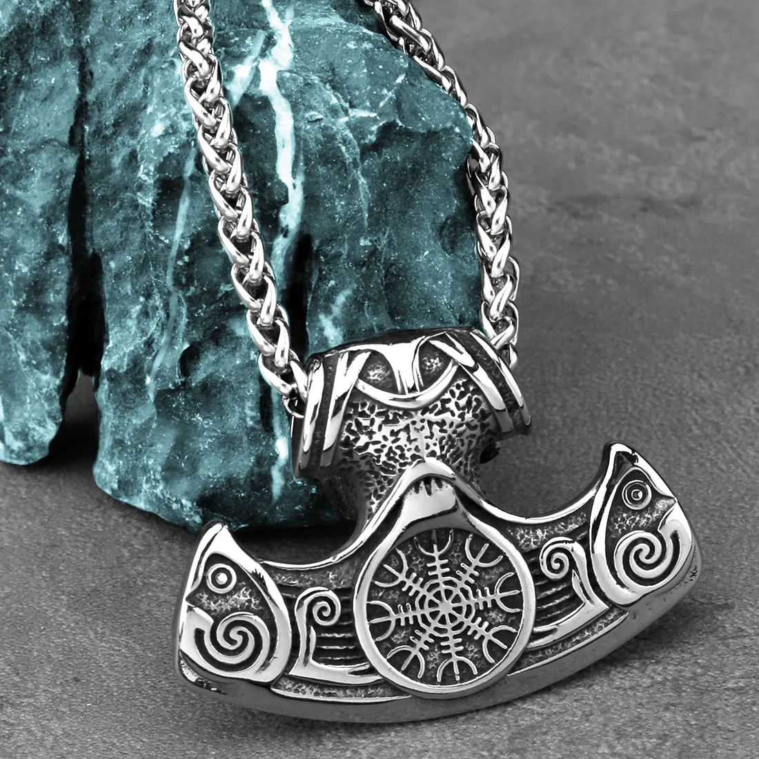 Authentic Vikings Thor Helm of Awe Axe Necklace Men's Vintage Amulet Pendant Necklace Vegvisir Celtic Jewelry
