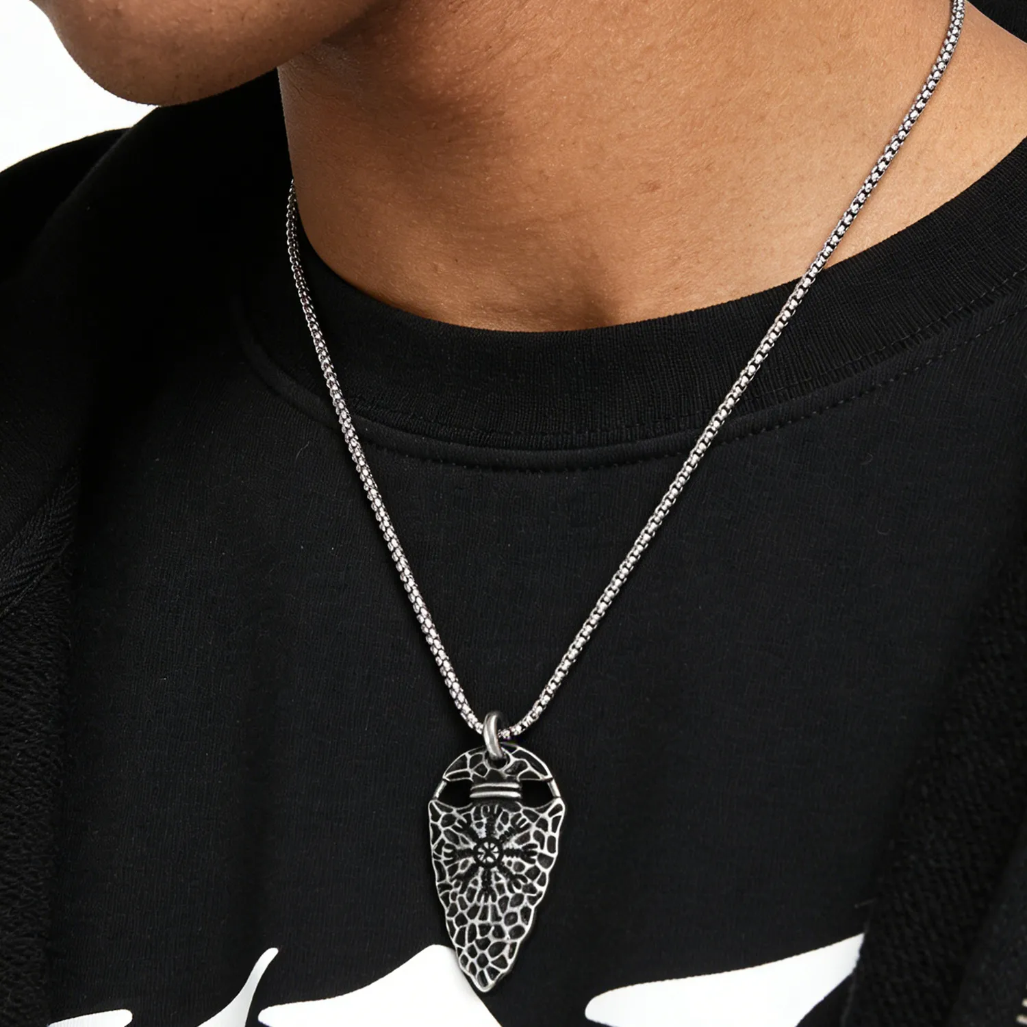 Authentic LNCHRAN Men 316L Antique Silver Viking Helm of Awe Spearhead Pendant Necklace Box Chain Nordic Vintage Jewelry