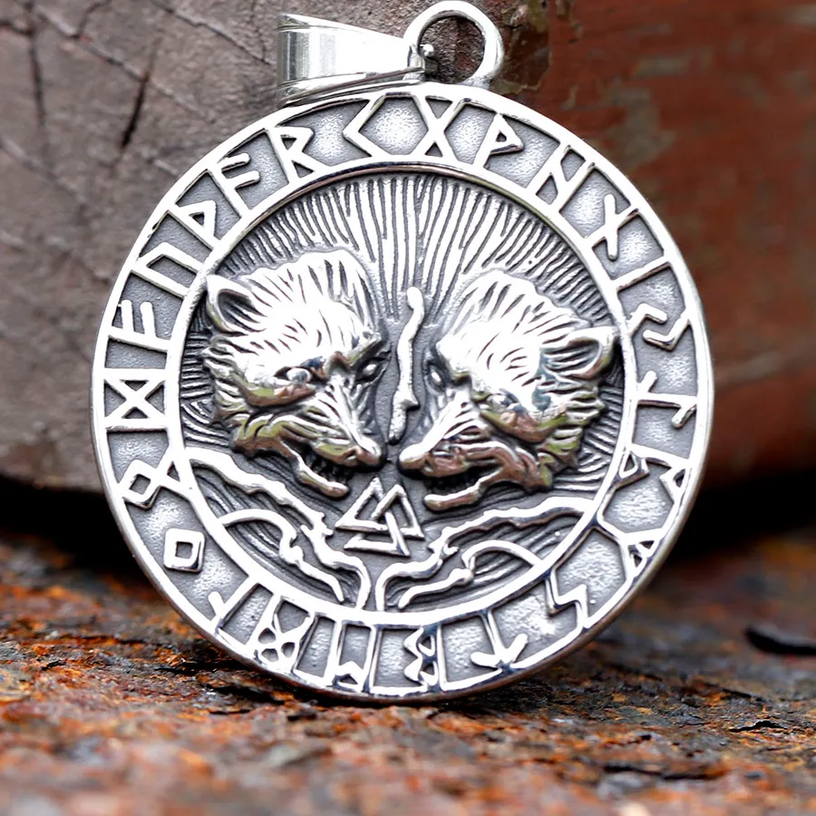 Authentic 2025 Style Viking Double Wolf Pendant Viking Runes Amulet The Helm Of Awe Jewelry For Men