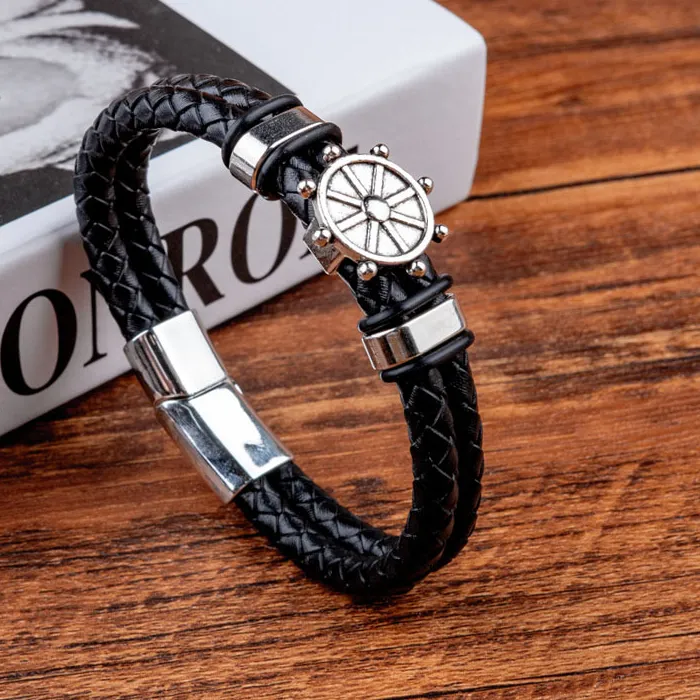 Authentic Braided Leather Retro Ship Helm Charm Nautical Ship Wheel Cuff Bracelet for Man Bracelets Sea-Inspired Adventure Hand Jewelry