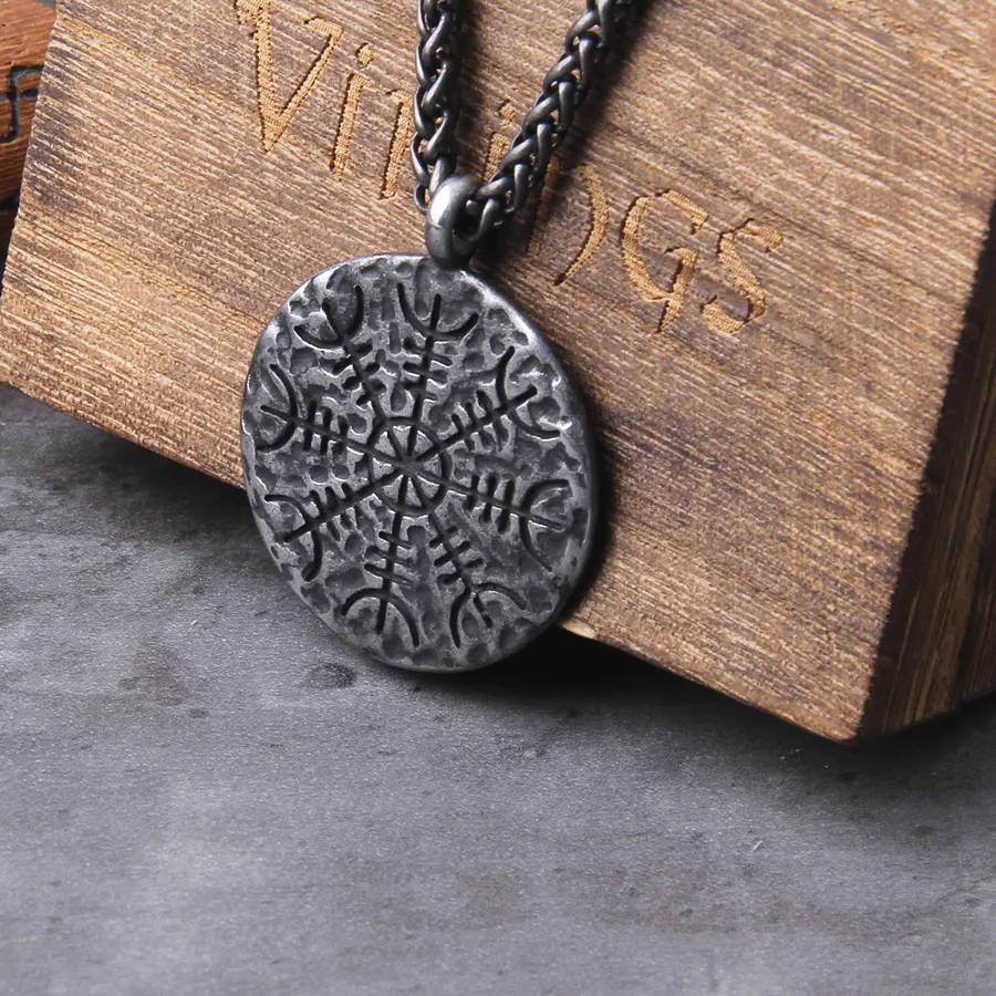 Authentic "Helm of Awe" and "Viking Vegvisir" Iron Color Viking Rune Pendant Necklace with wooden box As Men