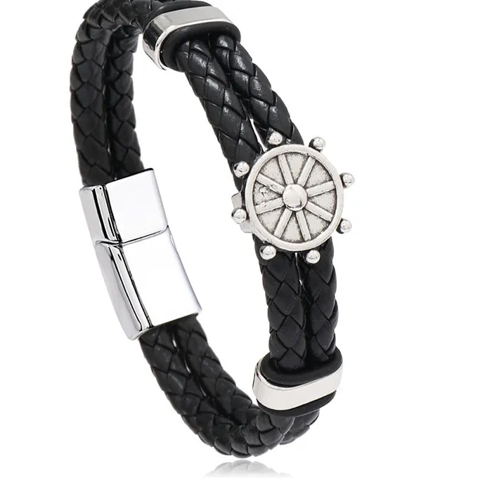 Authentic Nautical Ship Wheel Cuff Bracelet for Man Braided Leather Retro Ship Helm Charm Bracelets Sea-Inspired Adventure Hand Jewelry