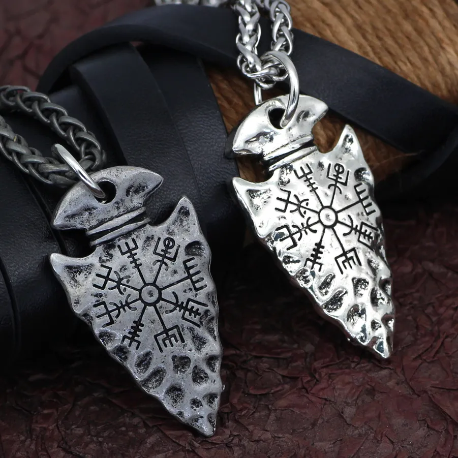 Authentic 2021 "Helm of Awe" and "Viking Vegvisir" Iron Color Viking Spear Pendant Necklace with Chain As Men
