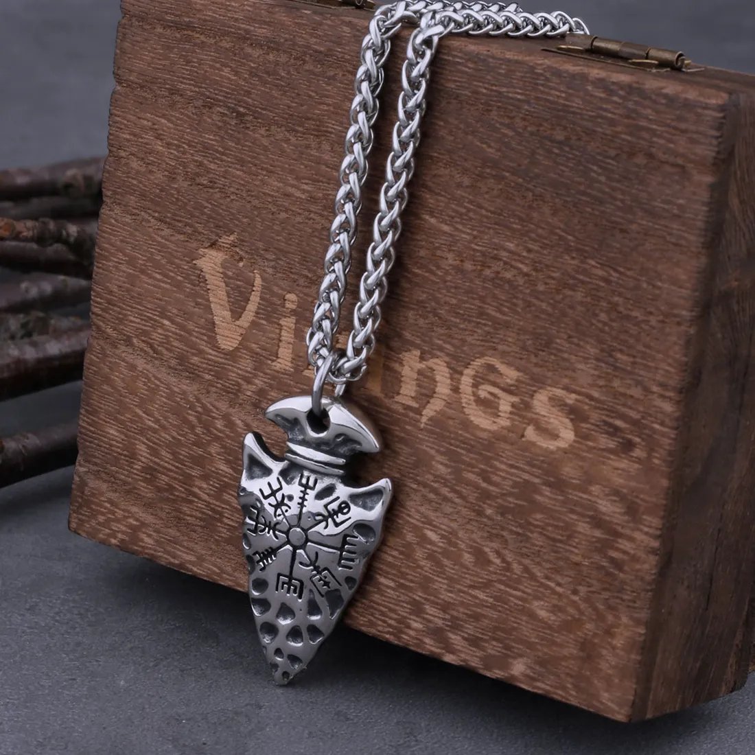 Authentic Vintage 'Helm of Awe' and 'Viking Vegvisir' Viking Spear Pendant Necklace with Chain as a for Men