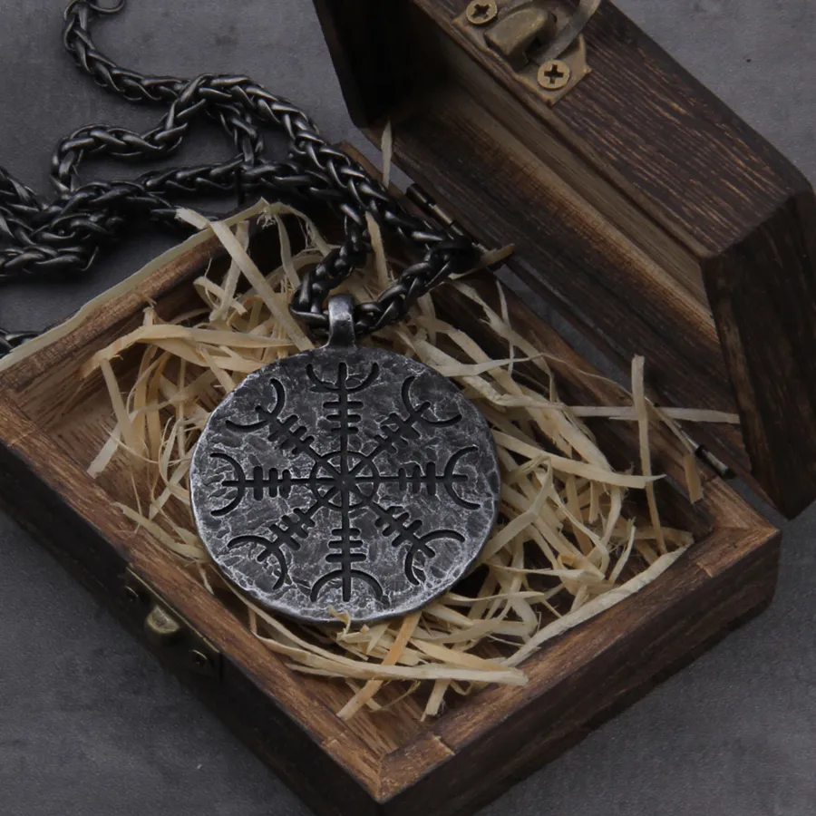 Authentic "Helm of Awe" and "Viking Vegvisir" Iron Color Viking Rune Pendant Necklace with Chain As Men