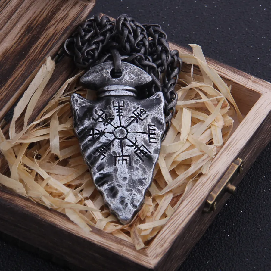 Authentic "Helm of Awe" and "Viking Vegvisir" Iron Color Viking spear Pendant Necklace with Chain As Men