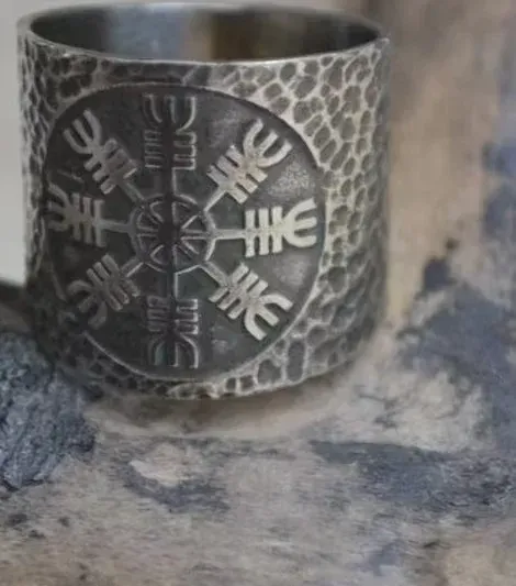 Authentic Vintage Viking Compass Helm of Awe Ring Mens Nordic Ethnic Belief Aegishjalmur Ring Jewelry
