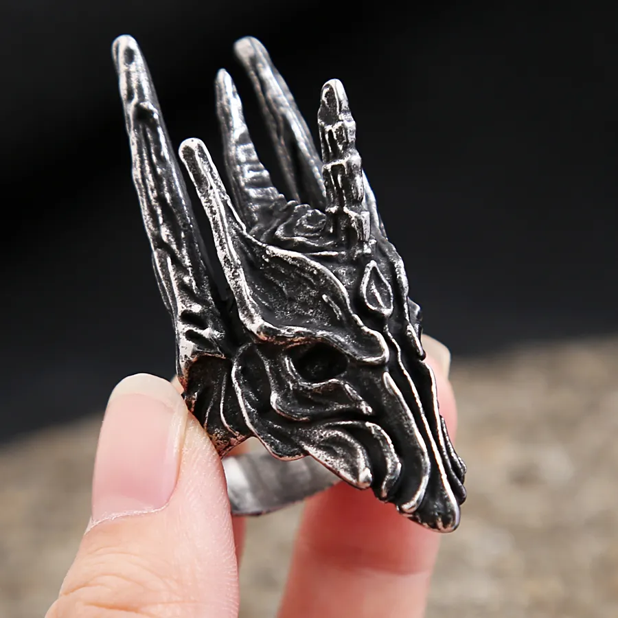 Authentic Unique Vintage Black Helm of Sauron Ring For Men Punk Gothic Dragon Rings Party Jewelry Gifts