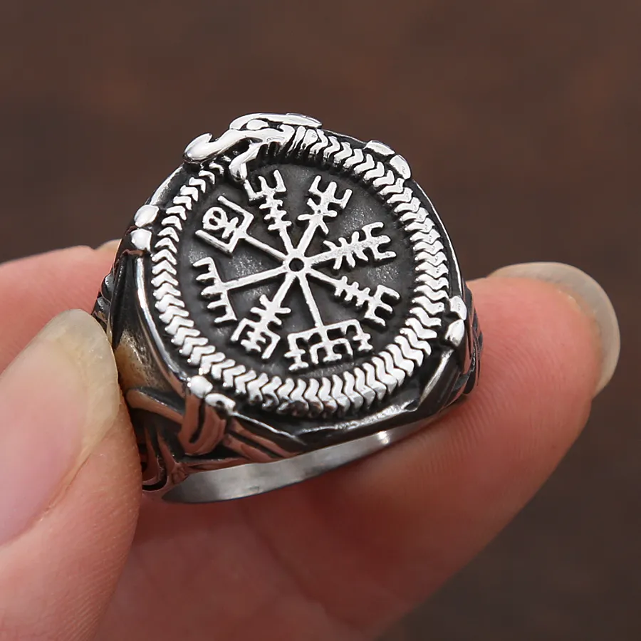 Authentic Vintage Viking Compass Helm of Awe Ring Men Nordic Ethnic Belief Aegishjalmur Viking Rings Jewelry