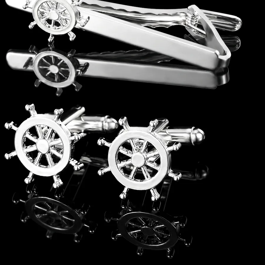 Authentic Ship Rudder Cufflinks&Tie Clip Set Helm DirectionSleeve Button Mens Jewelry Accessories Festival