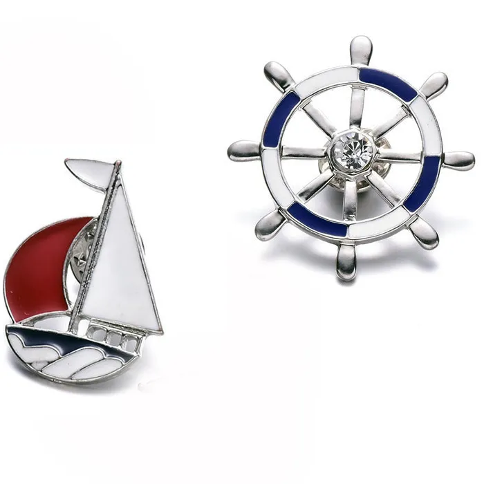 Authentic Ships Brooches for Man Women Blue Red Crystal Sailboat Helm Enamel Lapel Pins and Brooches Jewellery Bijuteria