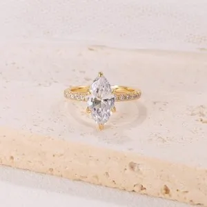 Authentic Marquise Cut Moissanite Halo 14k Gold Plated Solitaire Pave Engagement Ring