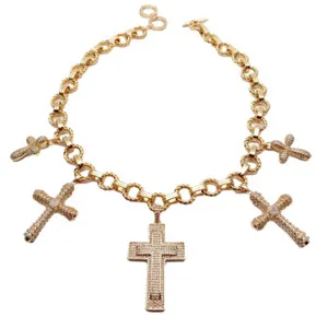 Authentic Crucifix Charm Cubic Zirconia Pave Gold Plated Chain Necklace Religion Jewelry