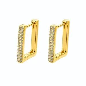 Authentic 18K Gold Plated Geometric Rectangle Hoop Earrings CZ Pave Earrings 385
