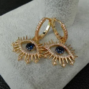 Authentic cubic zirconia pave gold plated hoop earrings evil eye charm eardrop jewelry