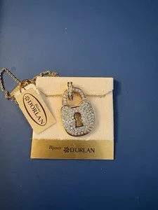 Authentic Vtg D'Orlan Pave Rhinestone Padlock Pendant Necklace 22k Gold Plated Tag NWT