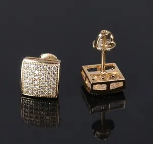 Authentic Gold Plated Hip Hop Micro Pave 6 Rows CZ Stud Screw Back Earrings 9mm