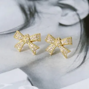 Authentic Silver Gold Plated Micro Pave CZ Bow Bowknot Knot Stud Earrings Women PE58