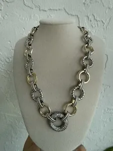 Authentic CZ Pave Ring Gold Plated Two-tone Round Link Necklace (17”)