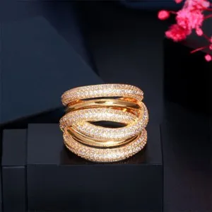 Authentic Gold Plated Twist Ring Women Party Cubic Zirconia Micro Pave Luxury Jewelry