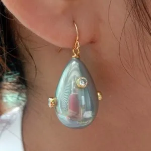 Authentic Grey Teardrop Sea Shell Pearl Cz Pave Gold Plated Hook Earrings